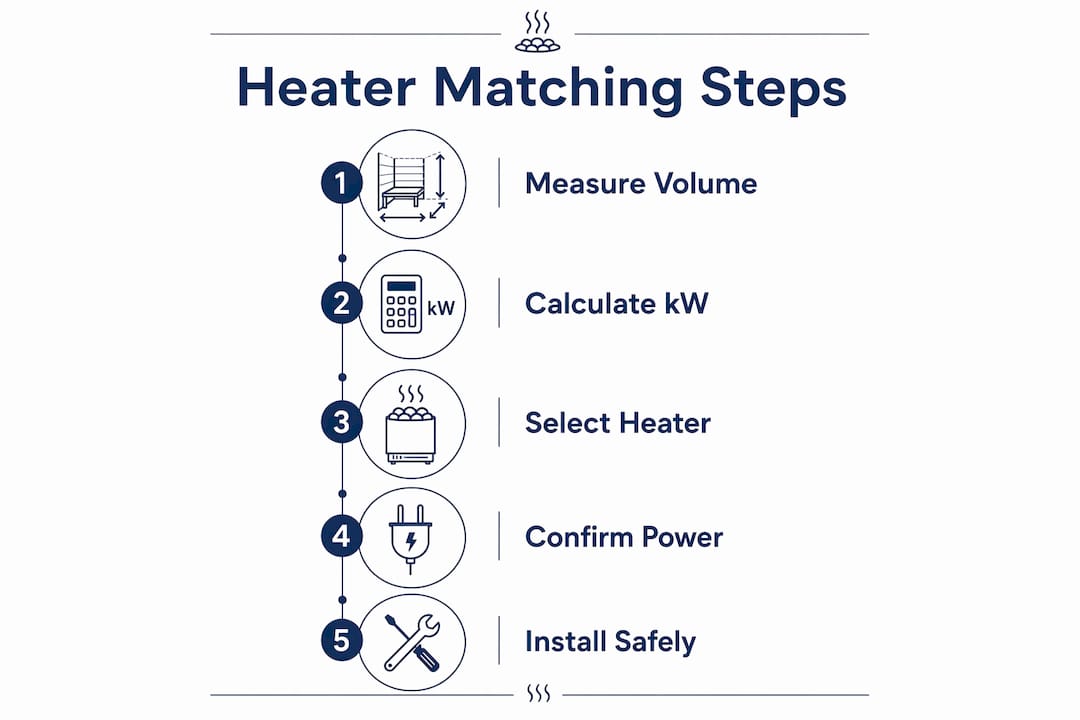 Infographic showing heater matching steps for sauna kits