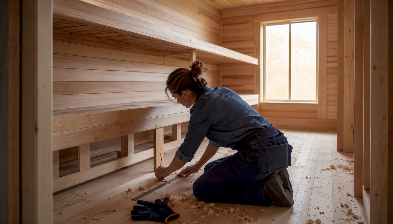 Carpenter marking sauna bench spacing measurements