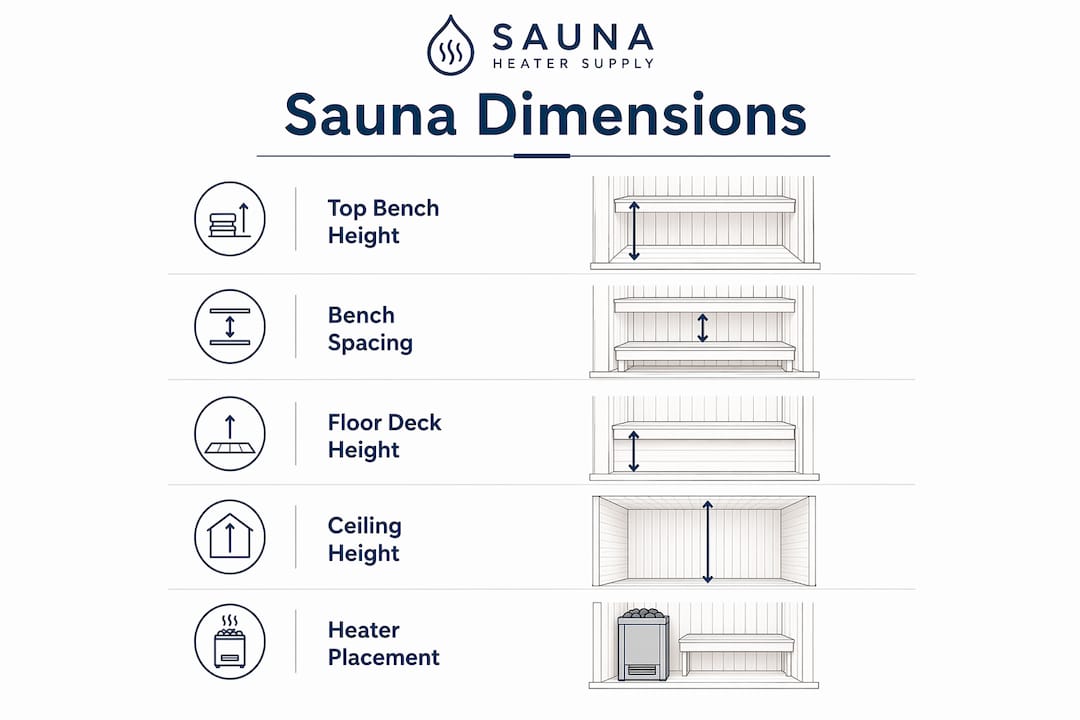 Infographic illustrating key sauna ceiling and bench dimensions