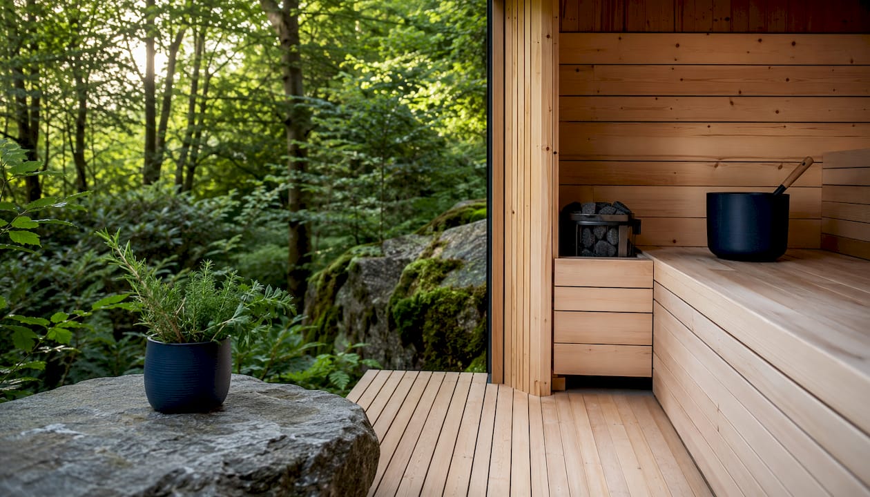 Stack of Canadian hemlock sauna wood indoors