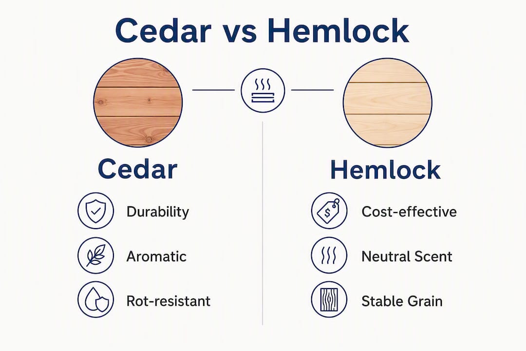 Infographic comparing cedar and hemlock sauna woods