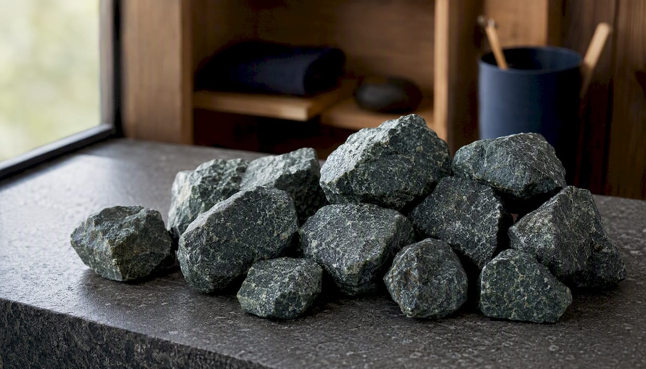 Close-up of olivine diabase sauna stones