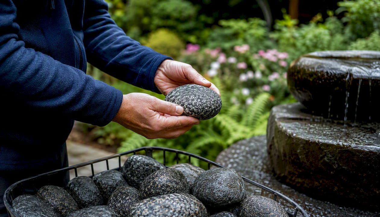 Hands holding rounded granite sauna rocks