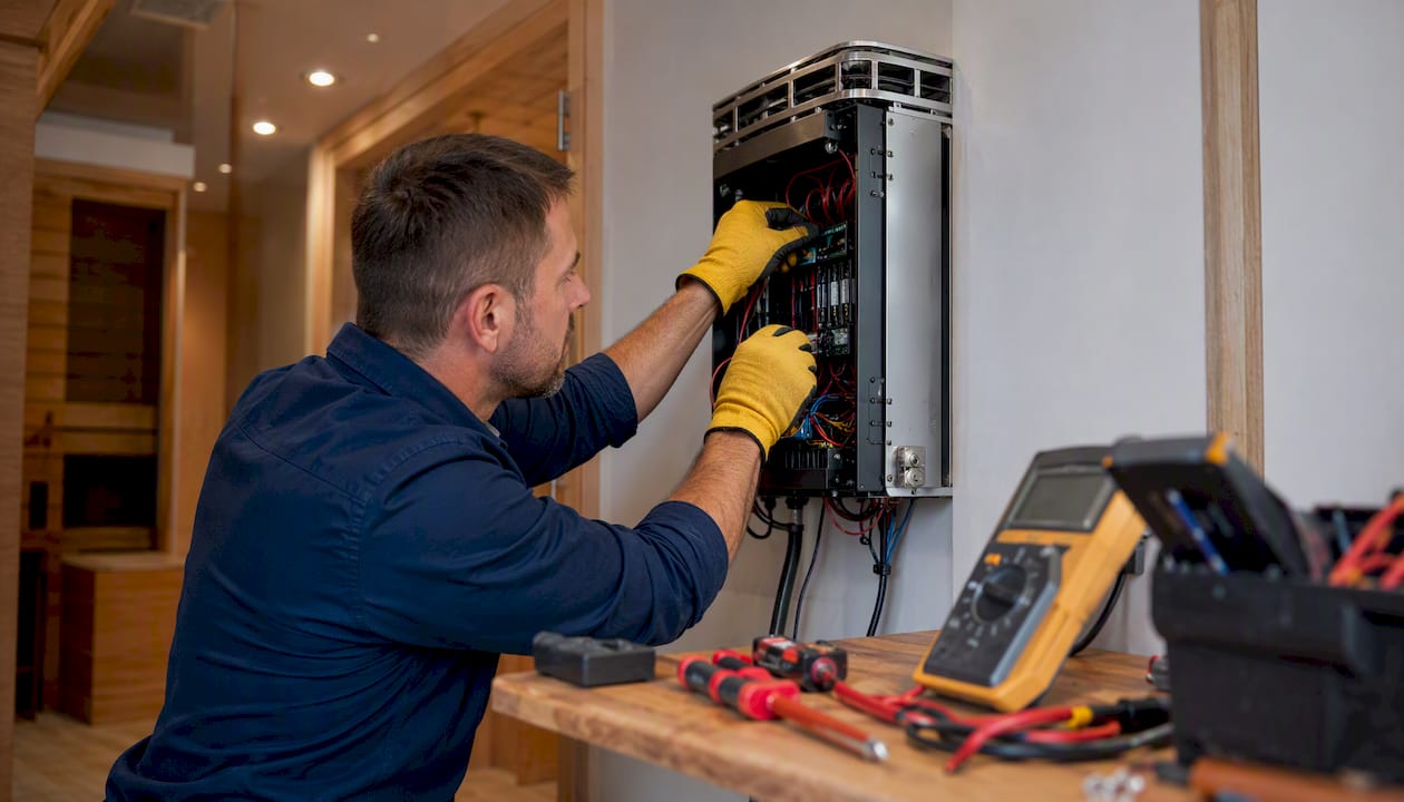 Electrician wiring sauna heater panel in basement