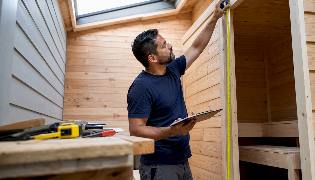 Homeowner measuring sauna room dimensions with tape