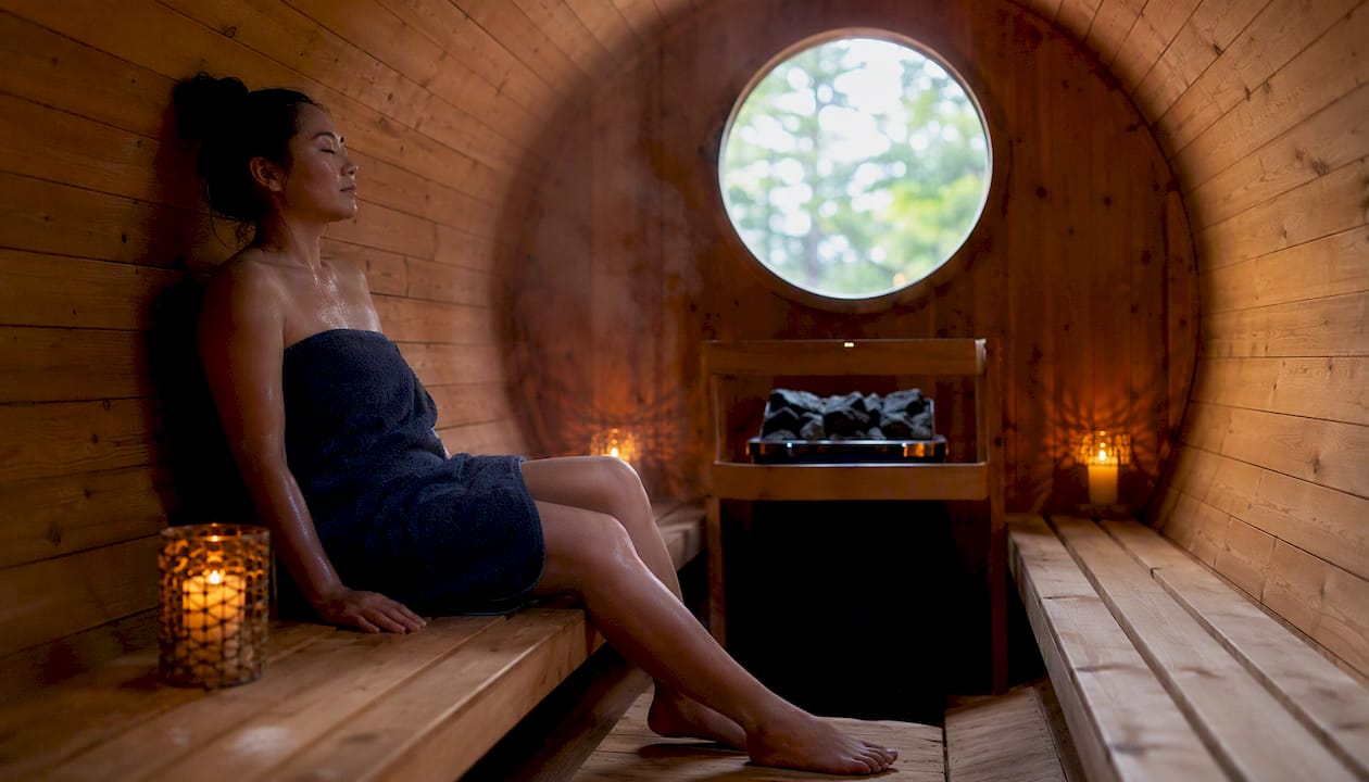 Woman relaxing inside barrel sauna interior