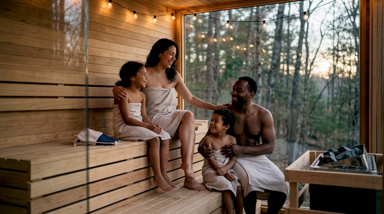 Family enjoying large prefab sauna cabin interior