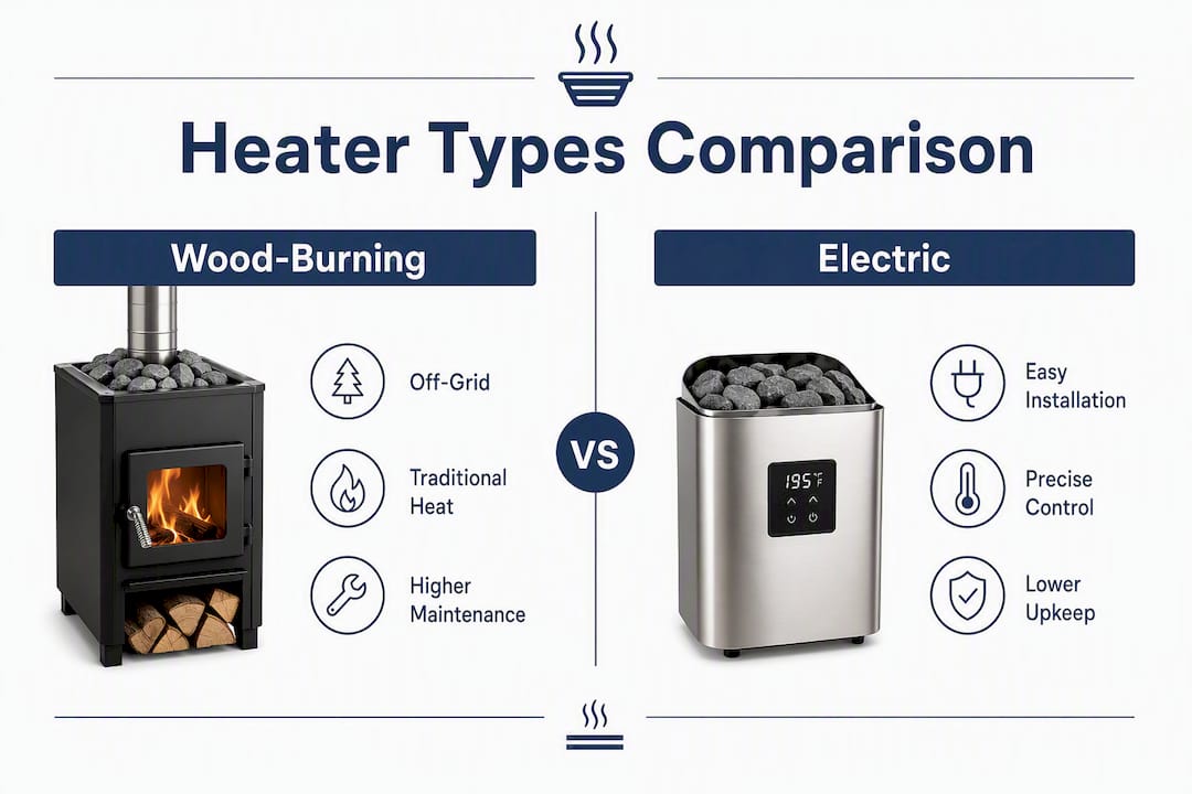 Infographic comparing wood-burning vs electric sauna heaters