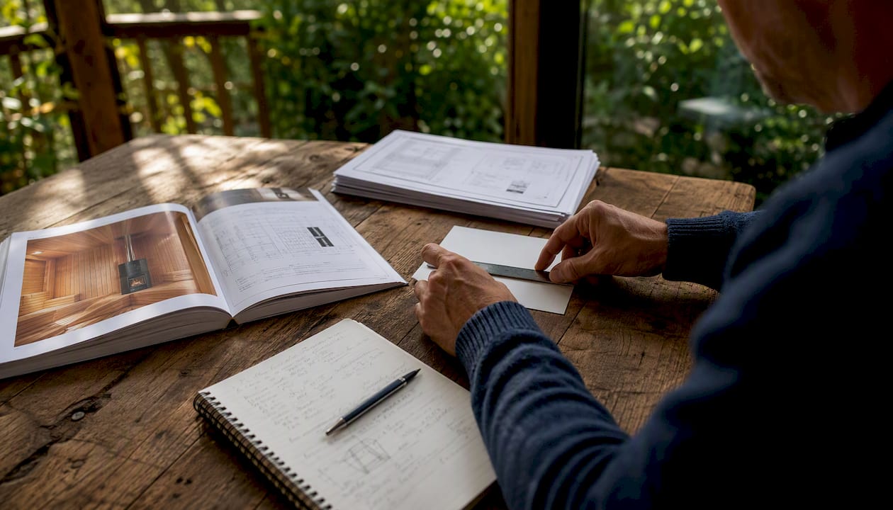 Hands reviewing sauna heater sizing documents on desk