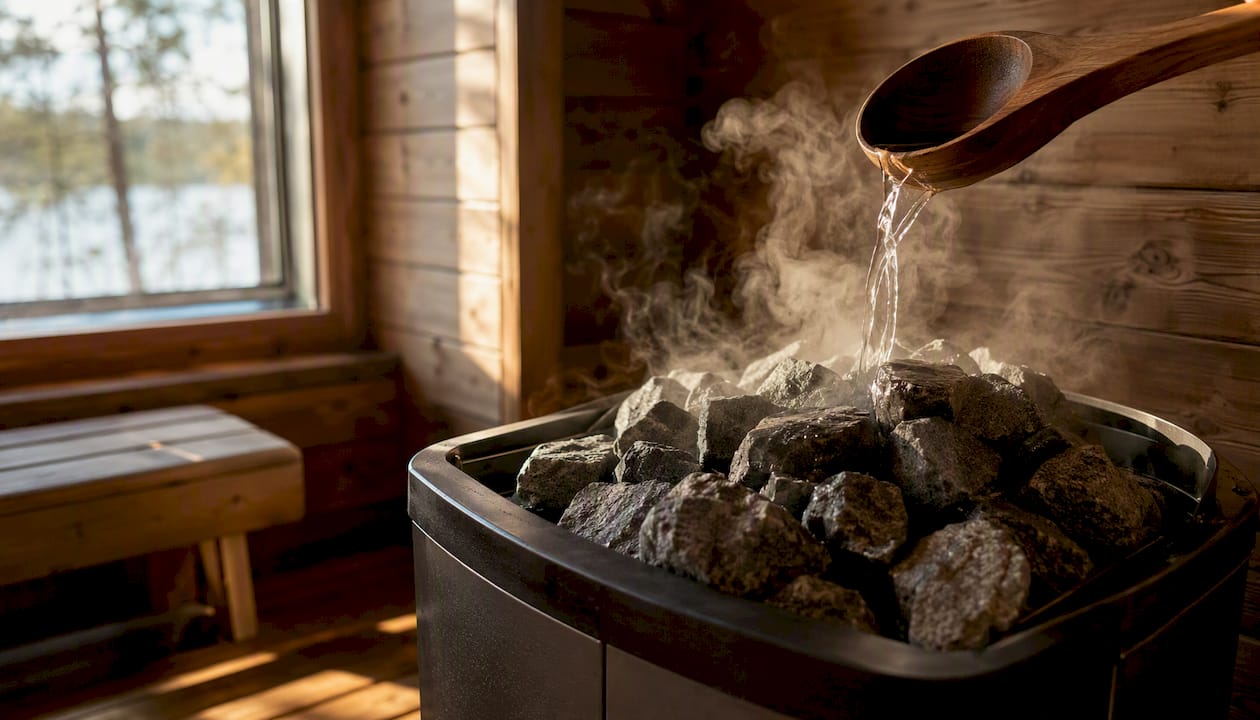 Steam rising from sauna stones on wood heater