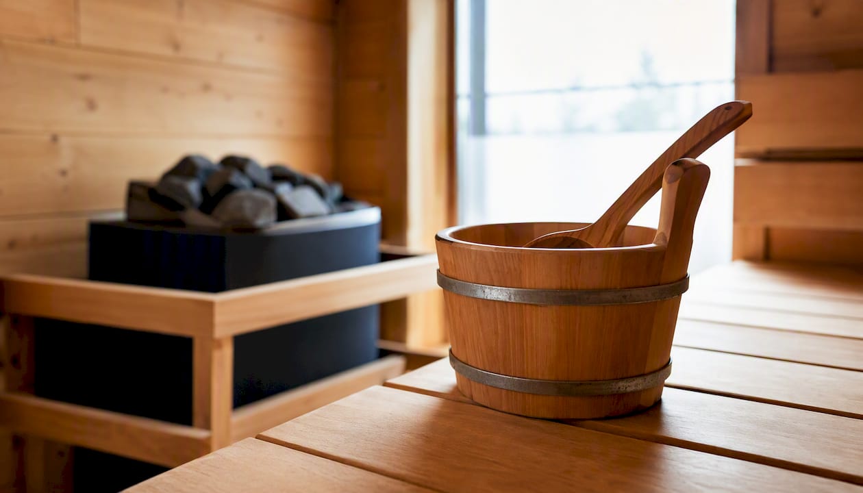 Wooden ladle and bucket in sauna
