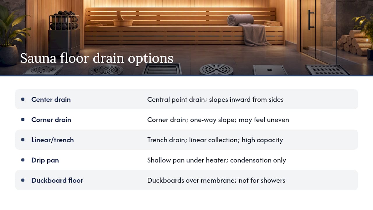 Comparison diagram of sauna floor drain types