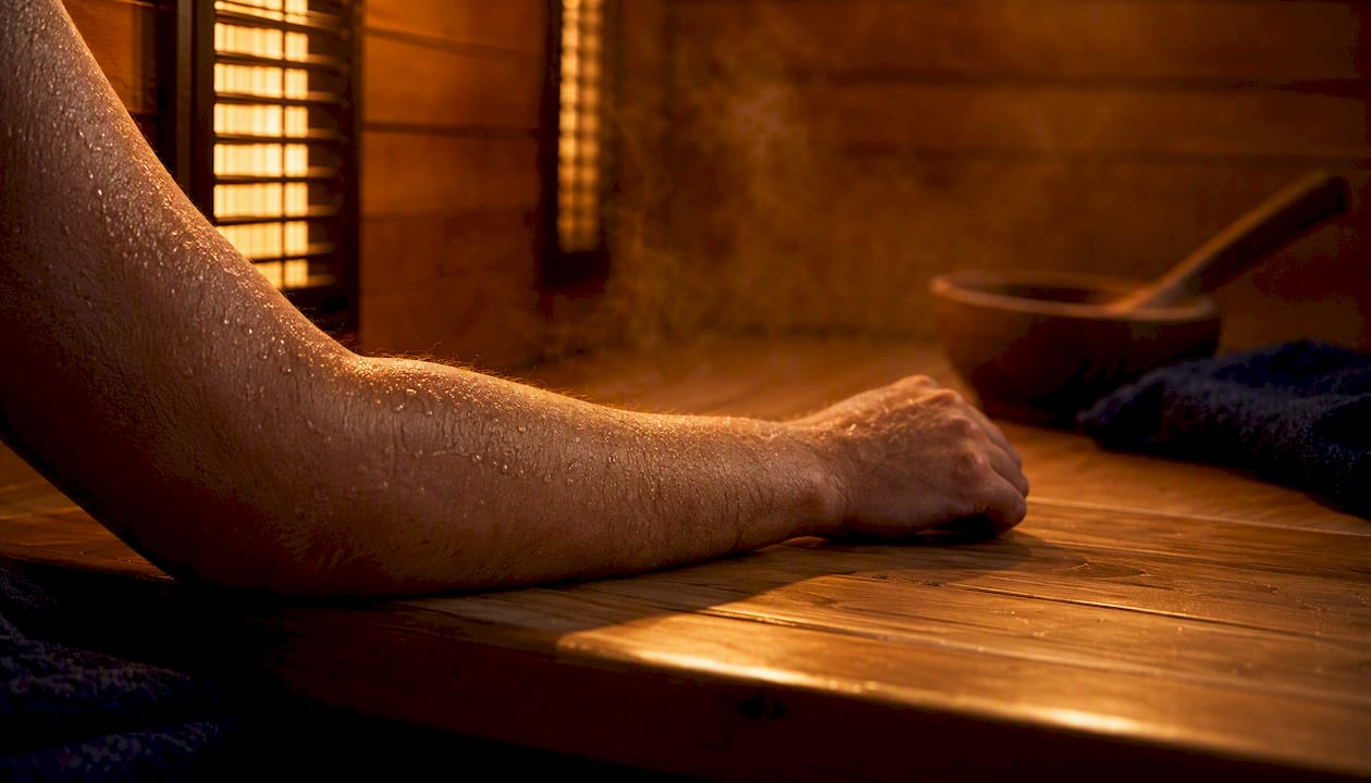 Forearm on warm wooden infrared sauna bench