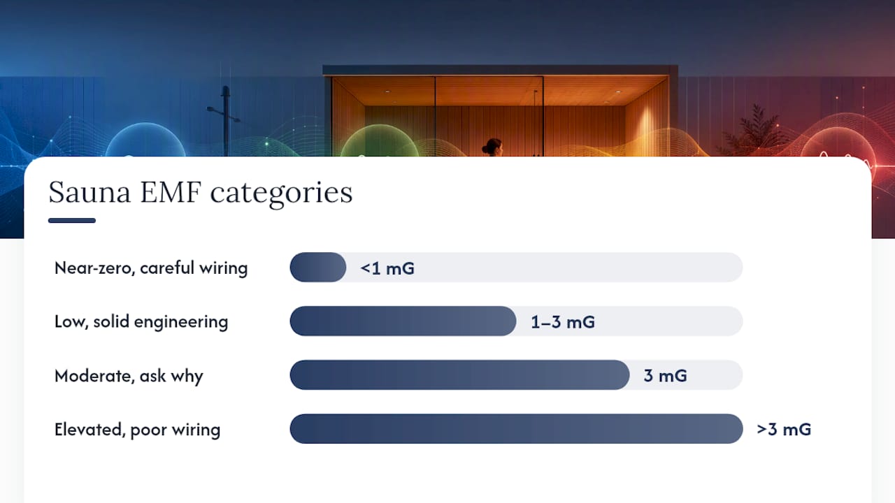 Diagram showing sauna EMF level categories with measurements and wiring quality