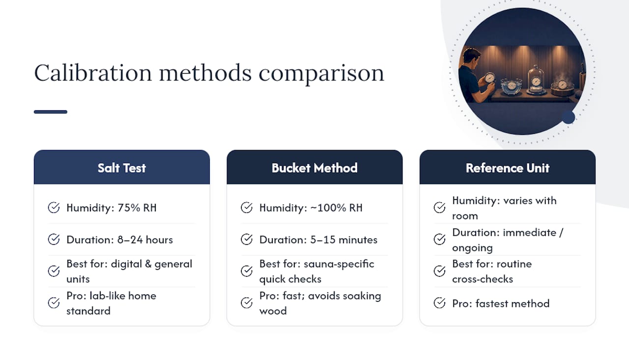 Comparison chart of sauna hygrometer calibration methods