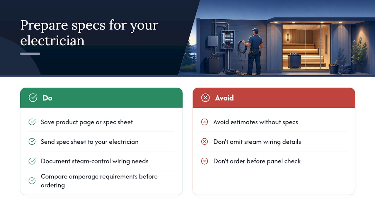 Recommended sauna heater packages and how to use them with your electrician — overview diagram