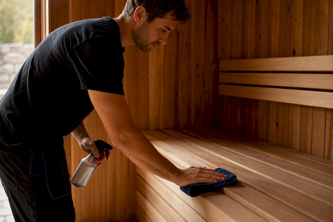 Attendant wiping commercial sauna bench