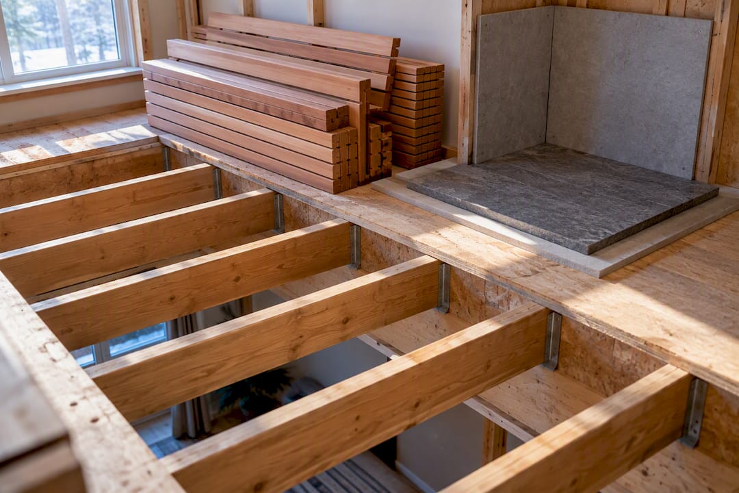 Floor joists supporting sauna construction materials