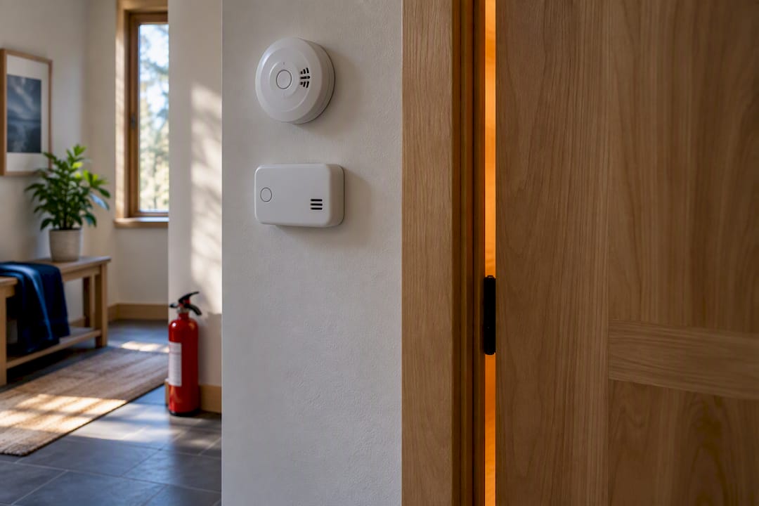 Smoke and carbon monoxide detectors outside sauna