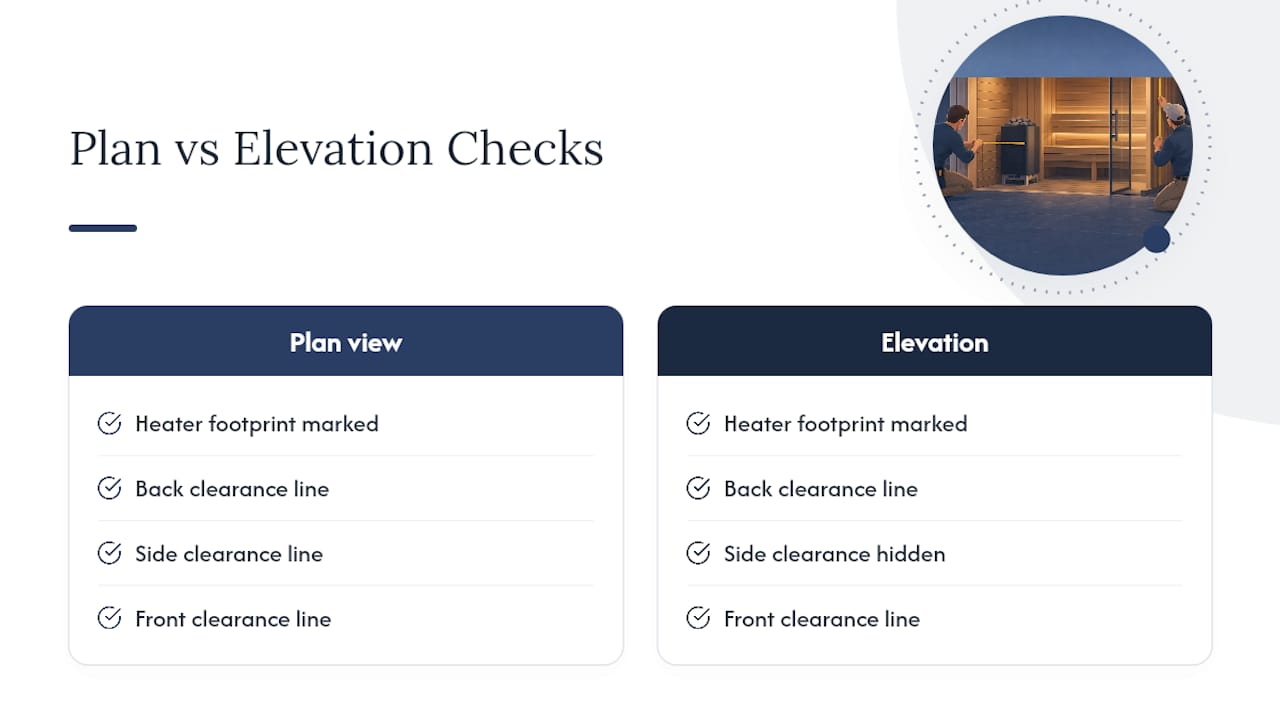 Elevation and plan views for heater clearances