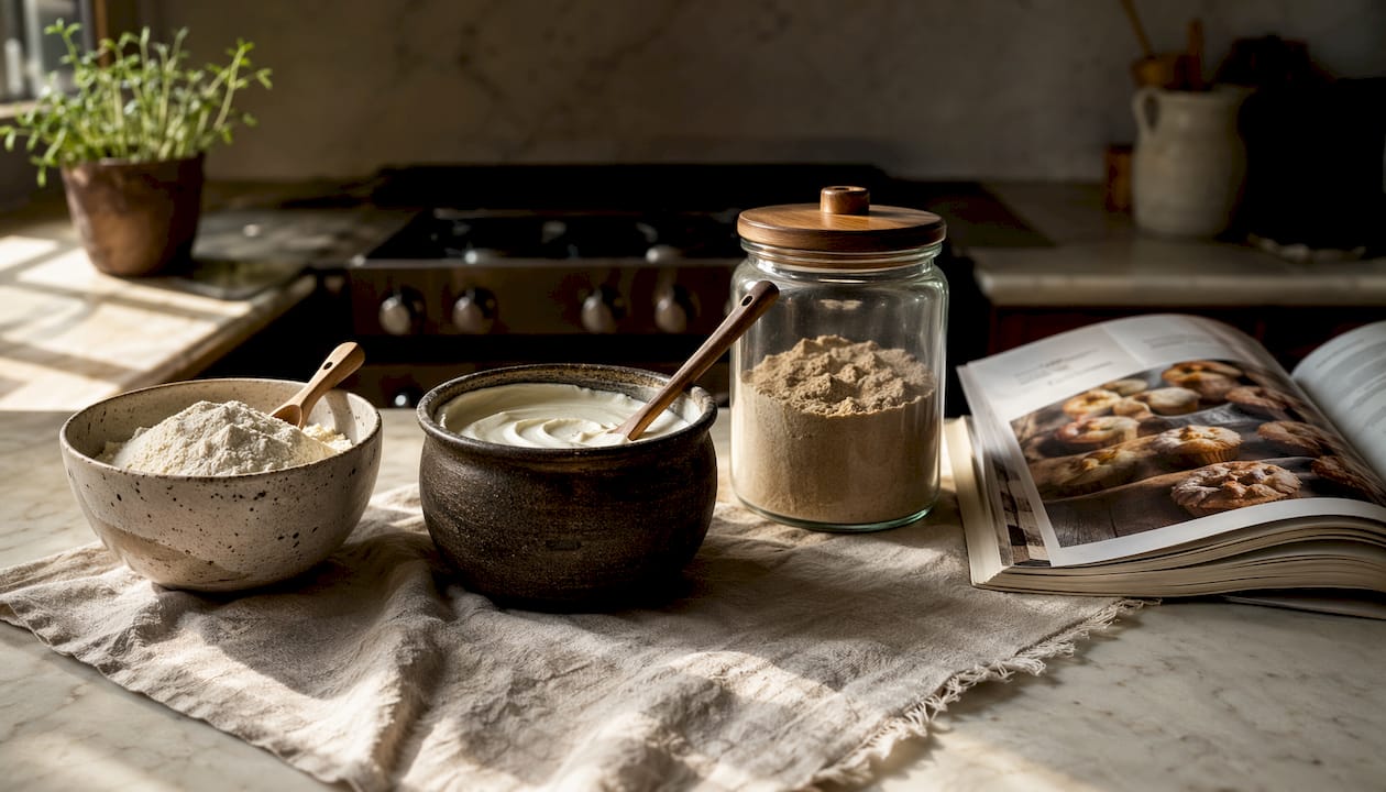 Close-up of protein powders and Greek yogurt ingredients