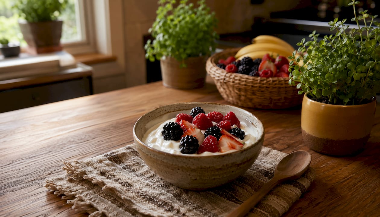Bowl of Greek yogurt topped with fresh berries