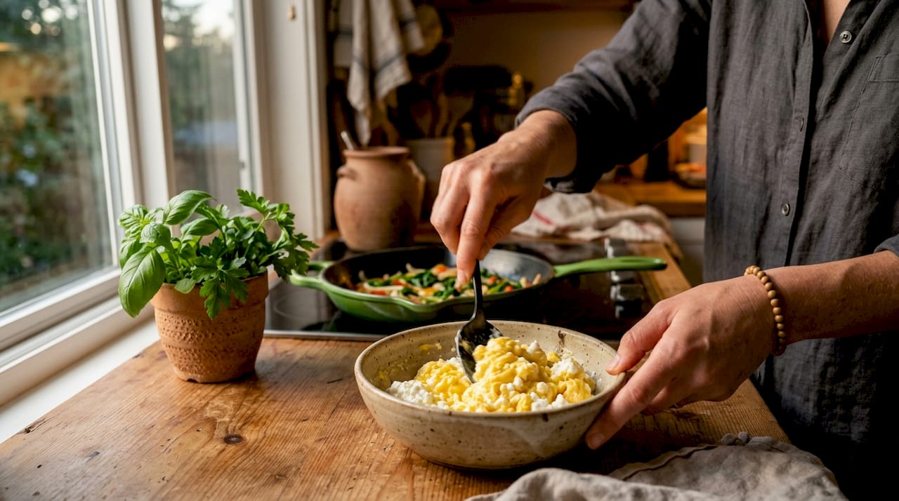 Hands whisking eggs with cottage cheese