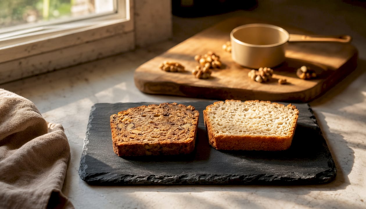 Side-by-side banana bread nutrition comparison slices overhead