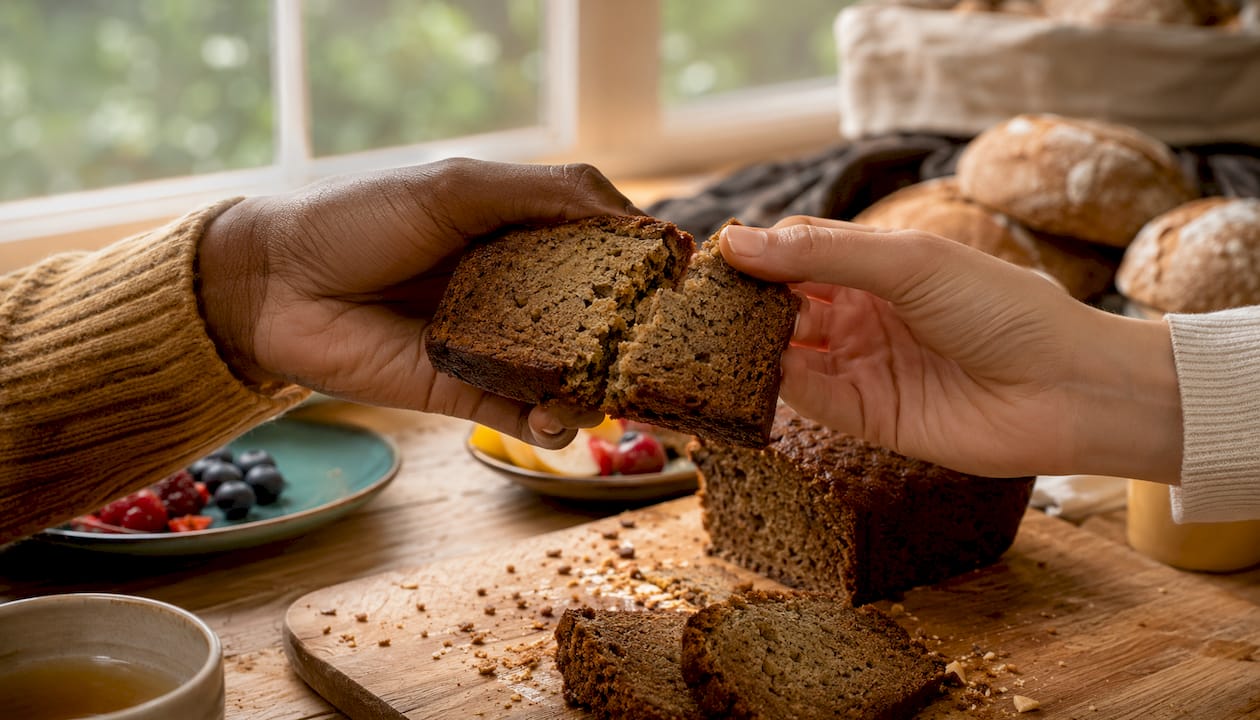 Hands holding store-bought banana bread slice in café setting