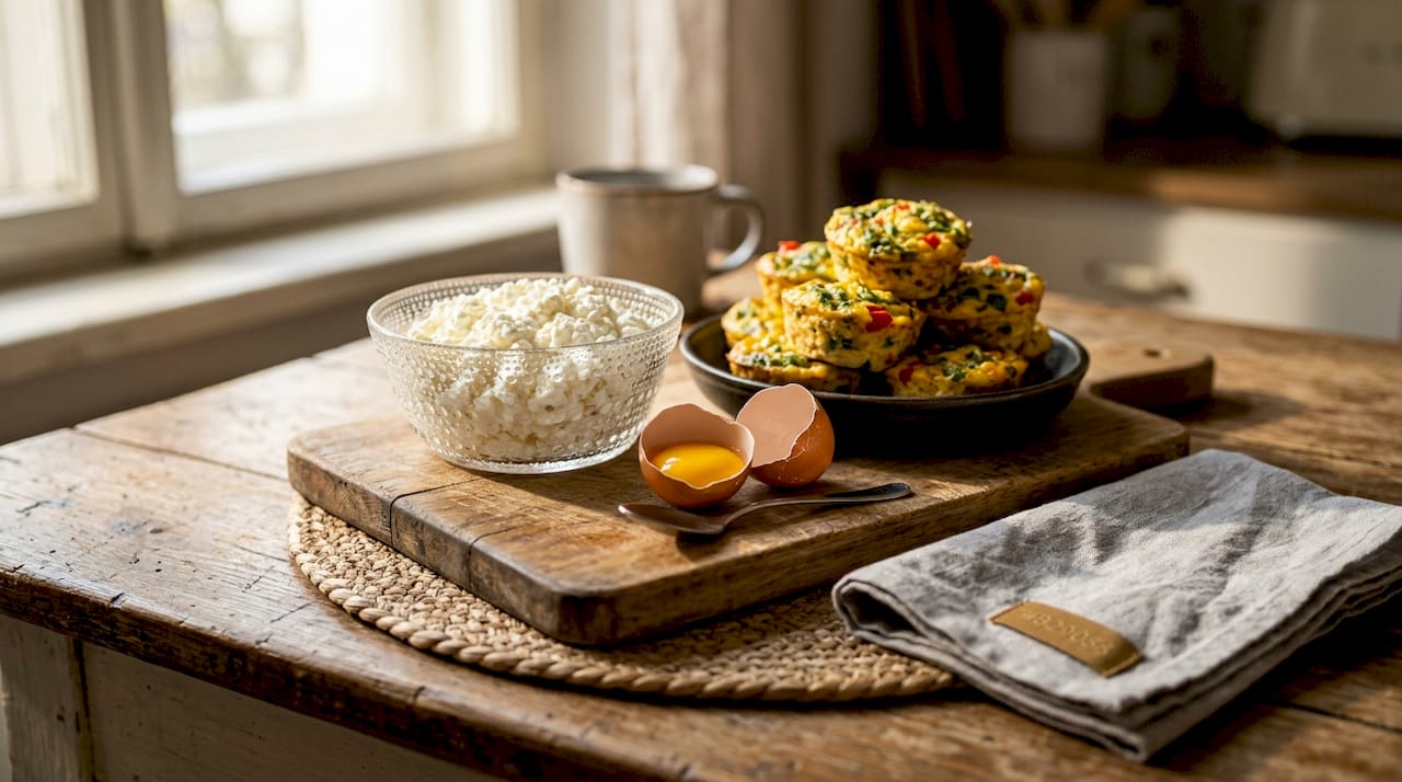 Cottage cheese and egg muffins on cutting board