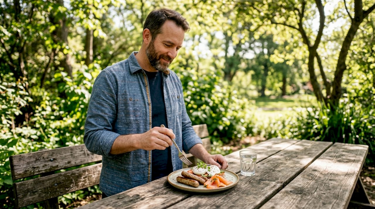 Man seated outdoors with protein breakfast plate