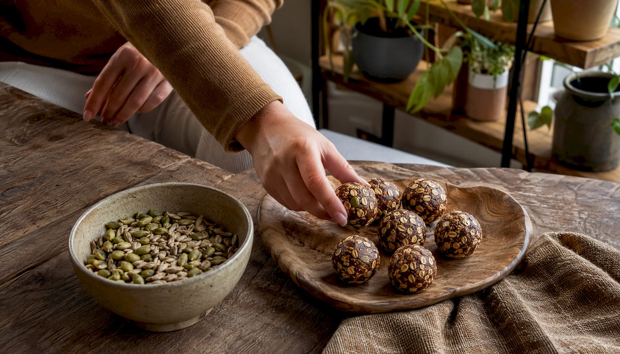 Preparing plant-based protein snacks in kitchen