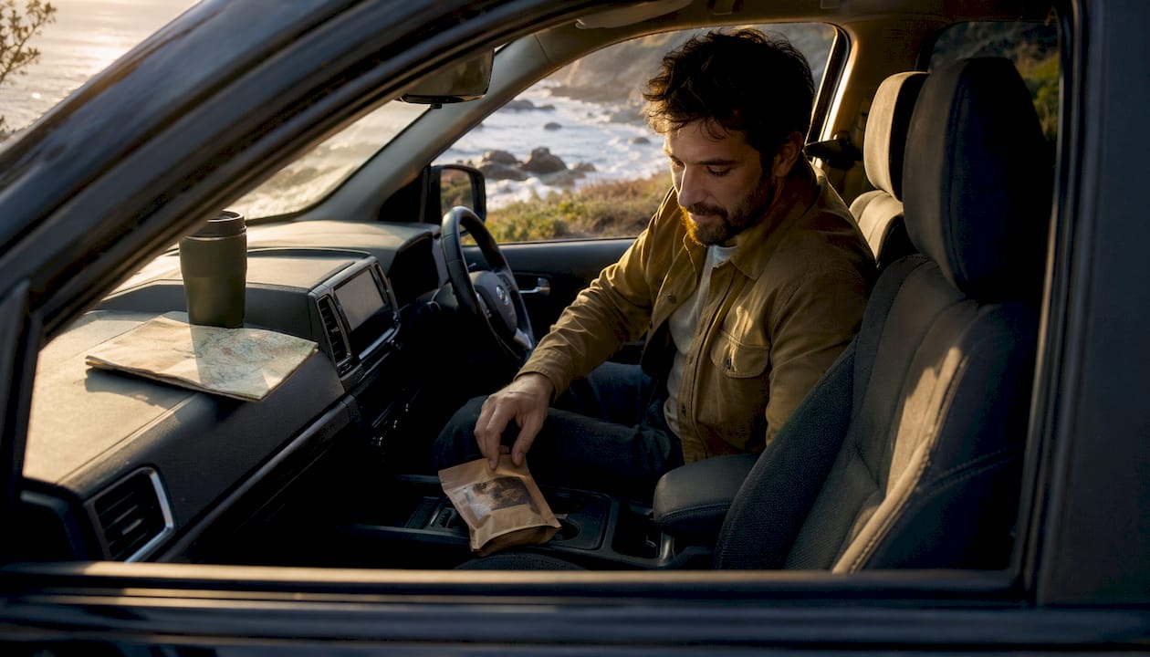 Driver reaching for jerky at roadside stop