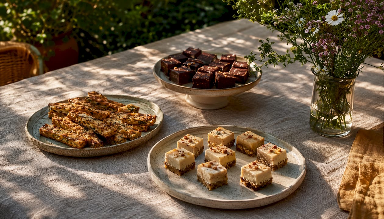 Assorted high-protein snacks on rustic table