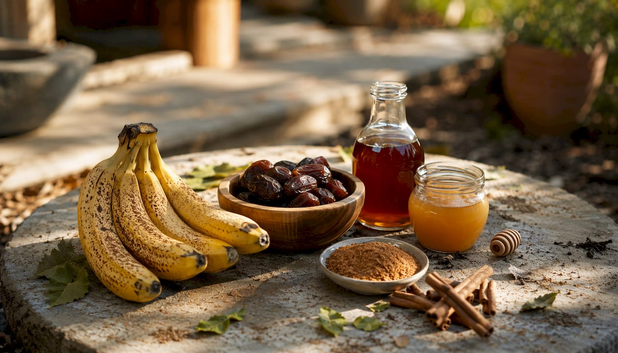 Natural sweeteners displayed on rustic table