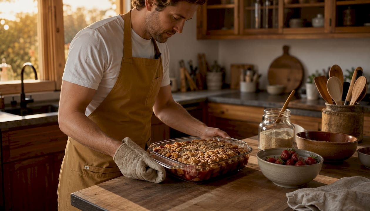 Strawberry peach crisp in oven with baker
