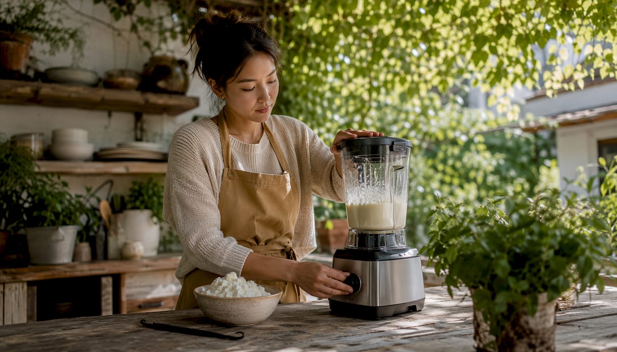 Woman blending cottage cheese for ice cream