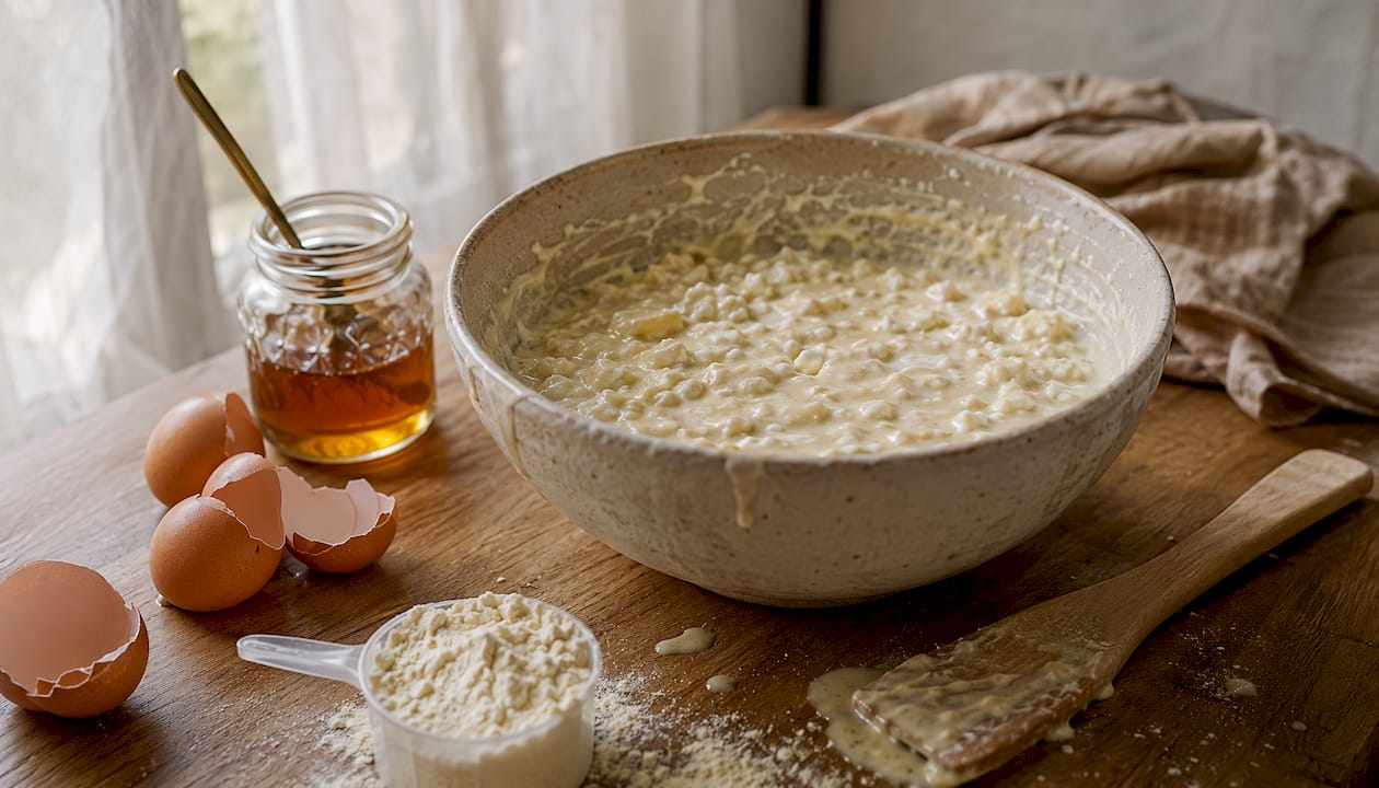 Close-up of cottage cheese blended into muffin batter