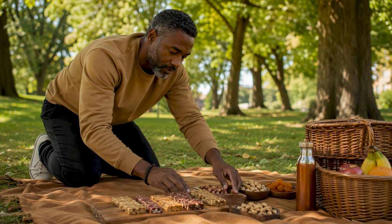 Hands arranging natural ingredient snacks