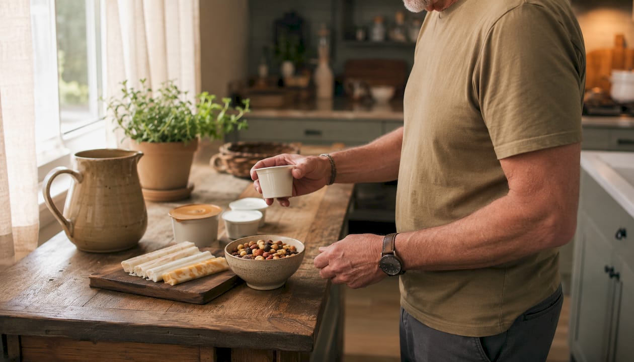 Senior man reaching for easy protein snack