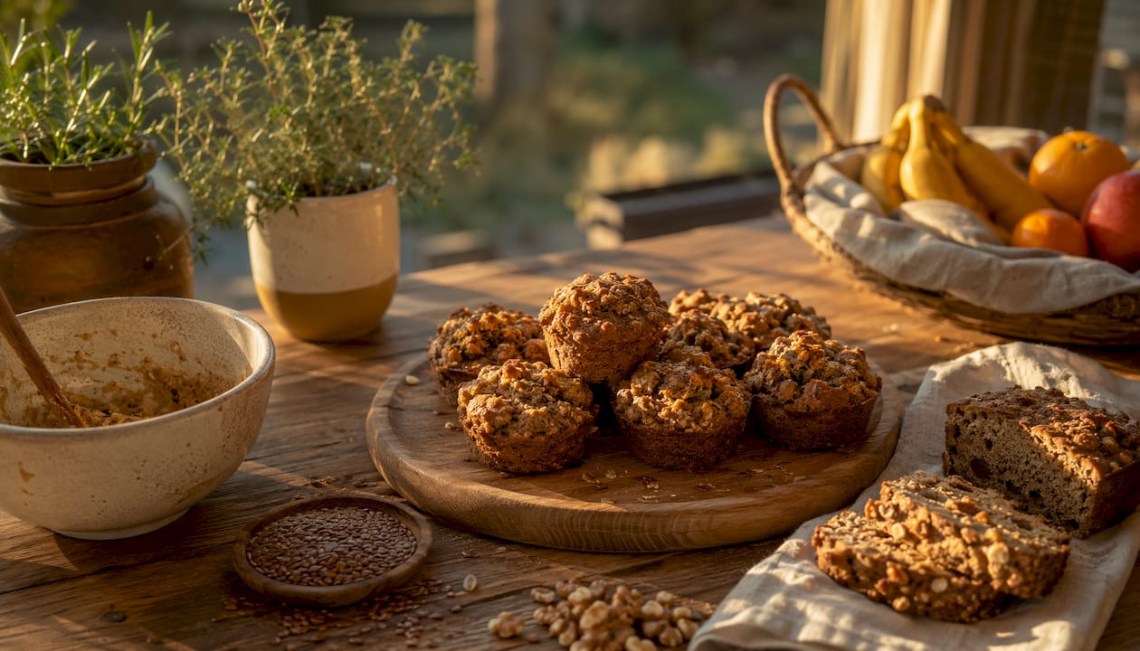 Freshly baked protein muffins and mini loaves on counter