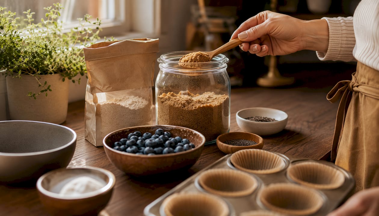 Fresh ingredients for healthy blueberry muffins