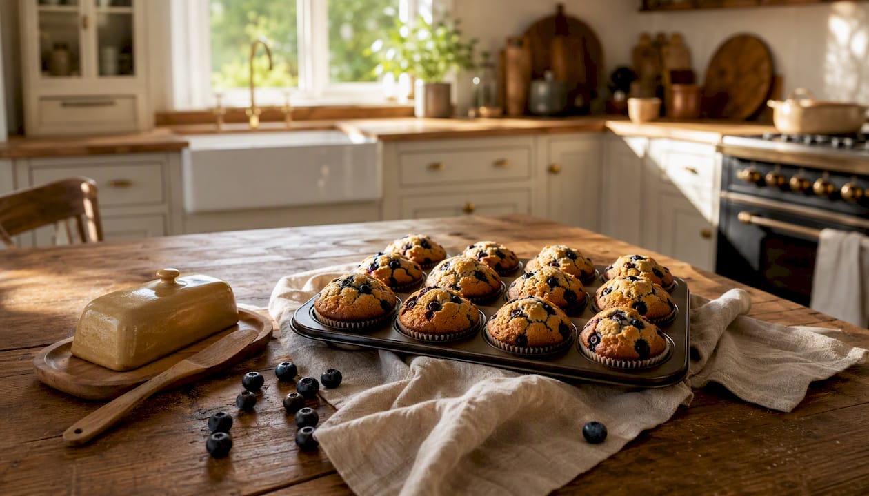 Fresh baked blueberry muffins on wooden countertop