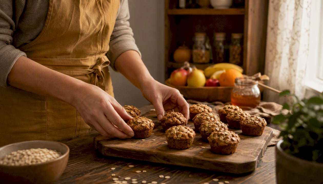 Hands slicing fiber-rich mini muffins on cutting board