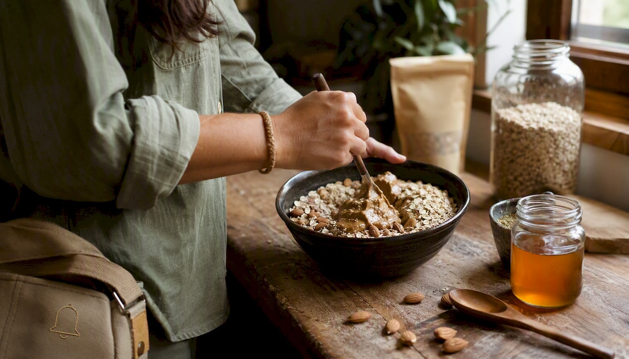Hands mixing oats and nut butter in bowl