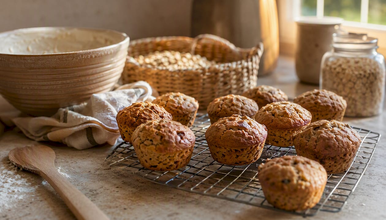 High protein muffins cooling on kitchen counter