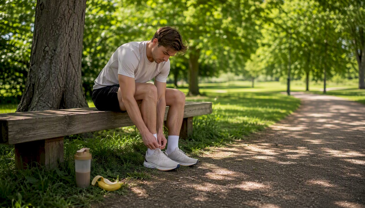 Runner preparing with whey protein snack outdoors