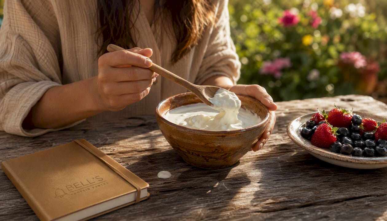 Close-up of hand scooping Greek yogurt with spoon