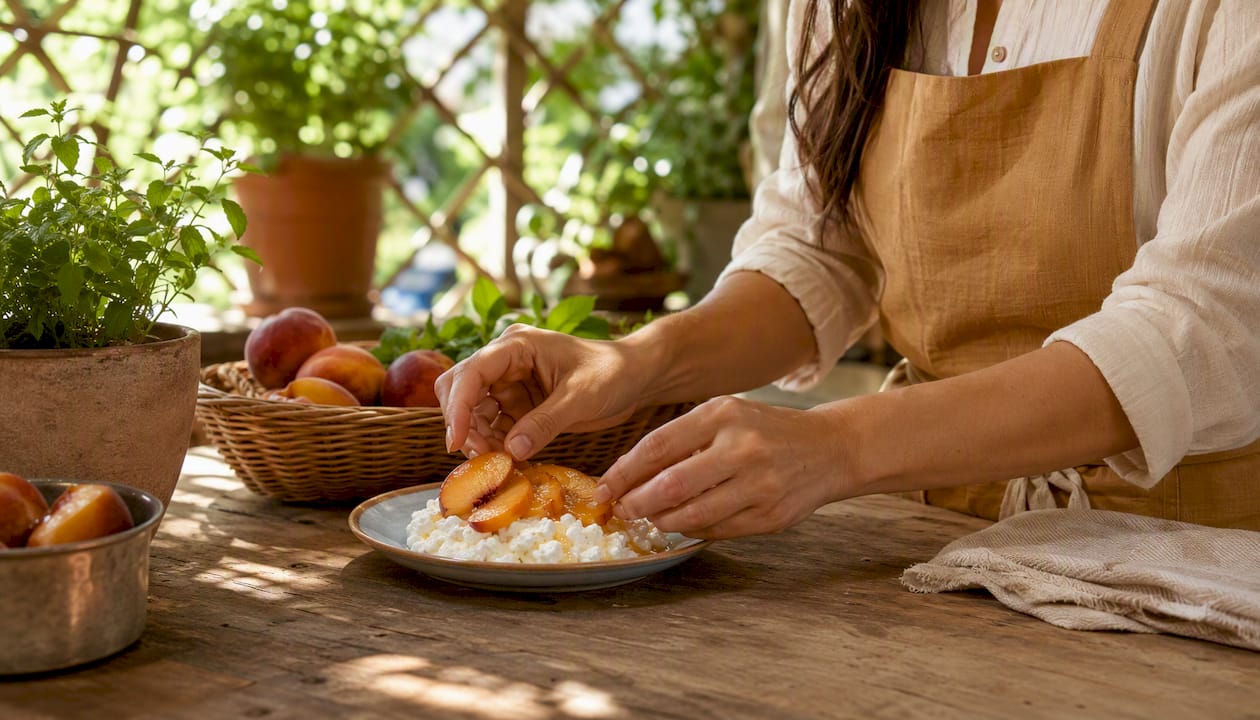 Hands placing fruit on cottage cheese in kitchen
