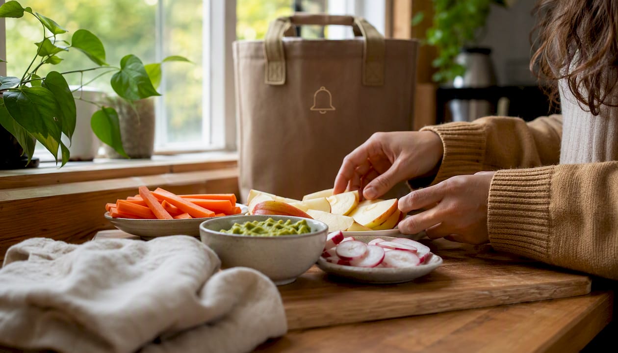 Overhead view of fresh low energy density snacks on table